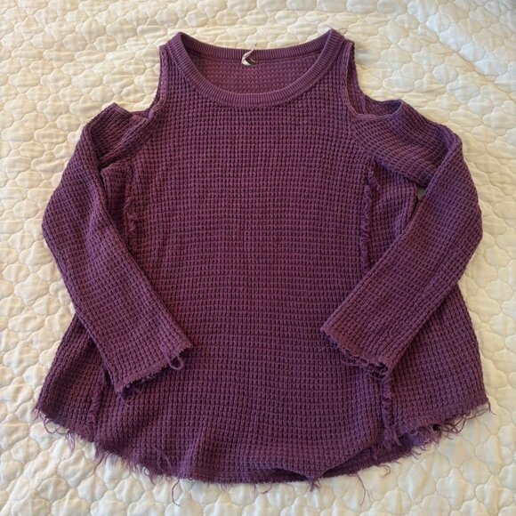 Free People Women’s Open Shoulder Distressed Purple Knit Sweater Size XS - Picture 1 of 5